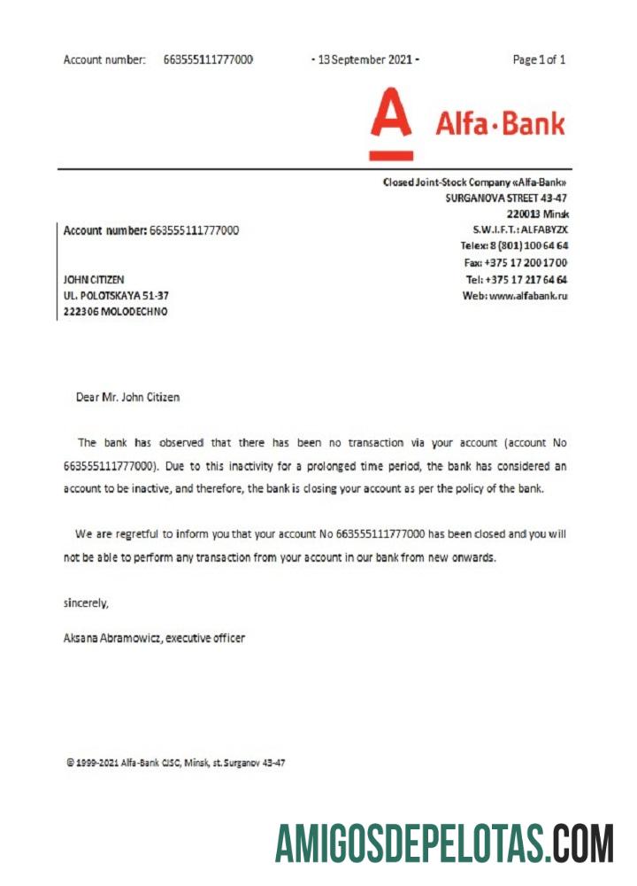 Referência de fechamento Alfa da Bielorrússia exemplo